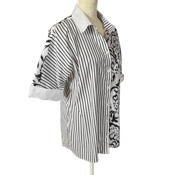 Chico's black and white striped and floral short sleeve button down shirt size 1 - Picture 2 of 9